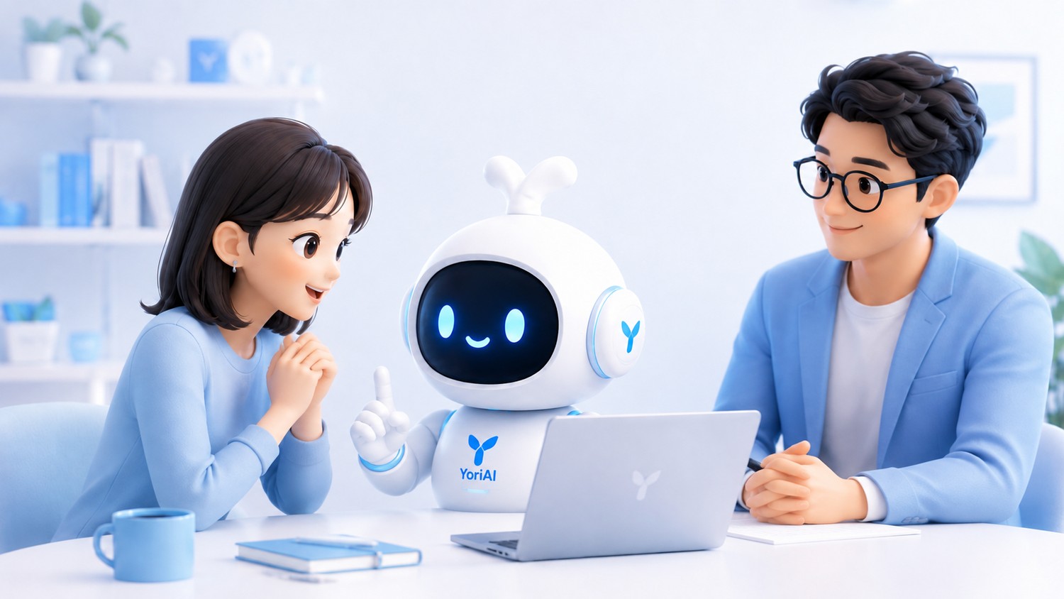 ユーザーとYoriAI君が会話し、案内役が見守る様子