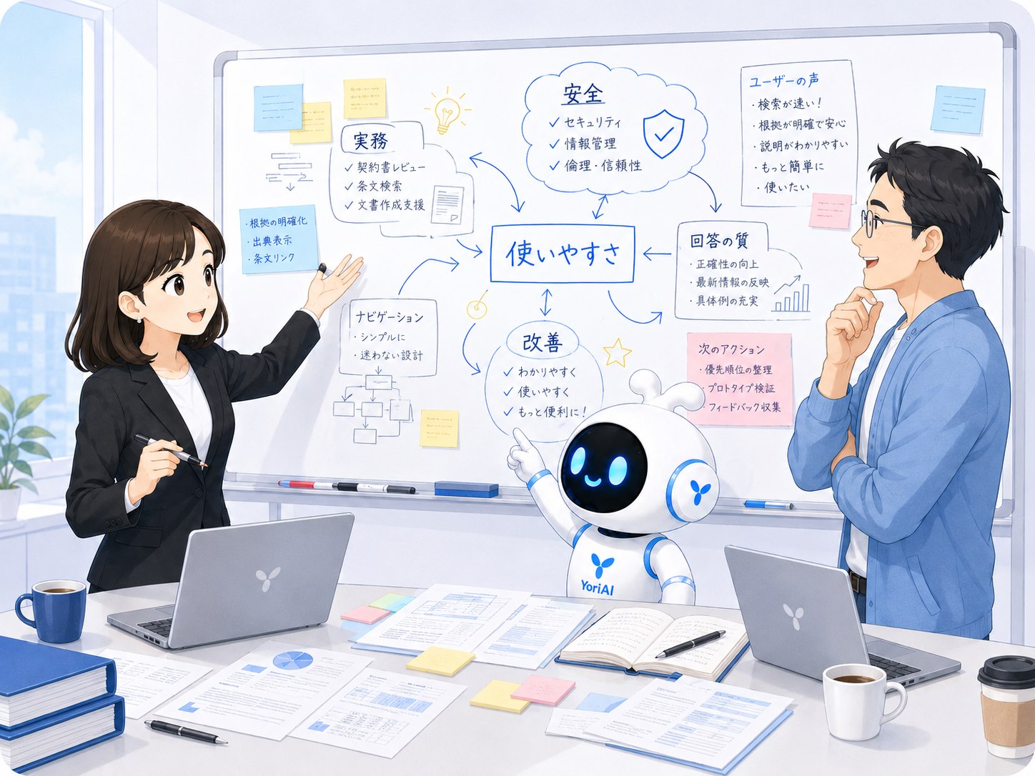 女性弁護士、YoriAI君、運営者が実務での使いやすさや改善点を話し合う様子