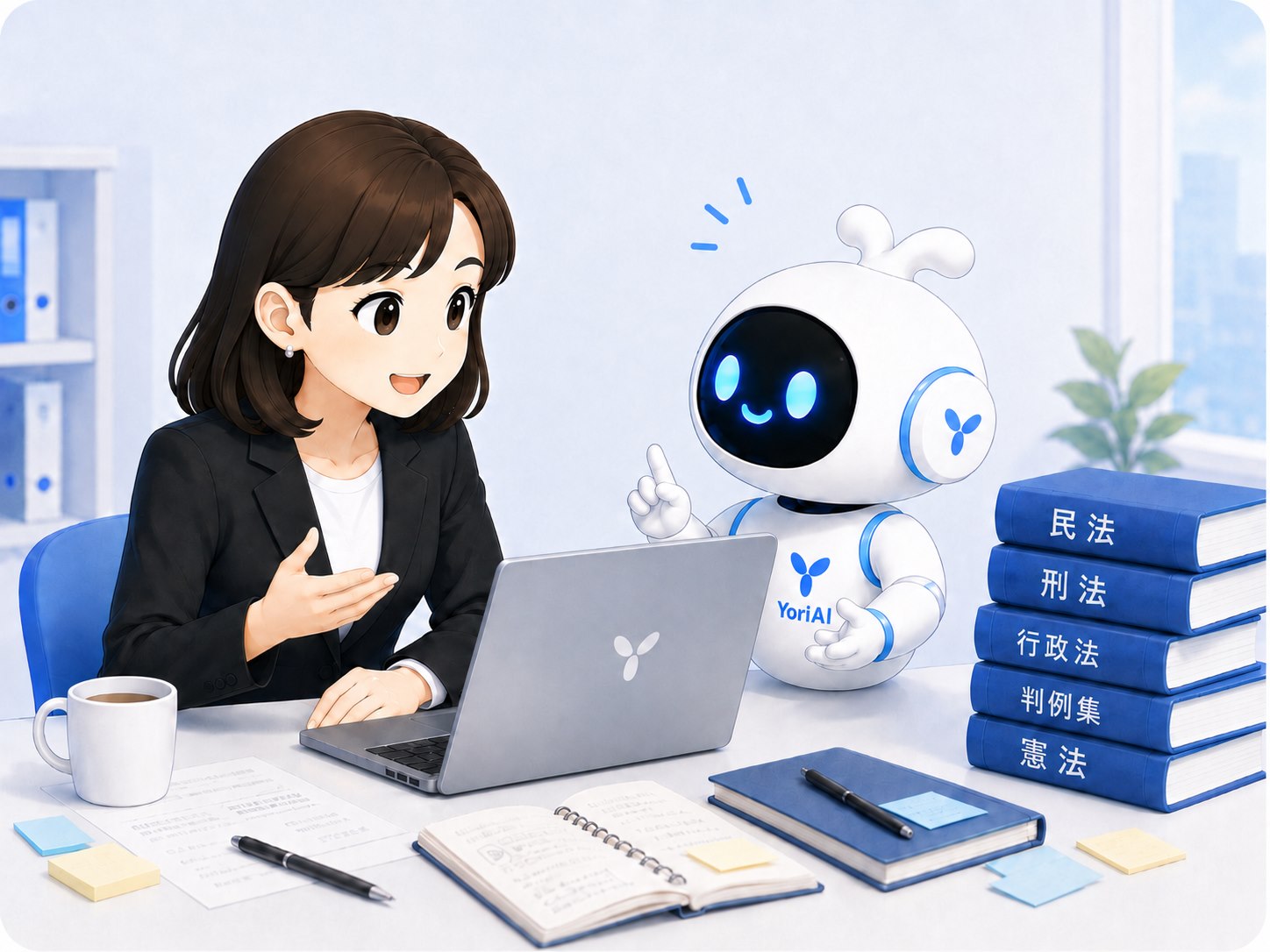 女性弁護士とYoriAI君が相棒として仕事を進める様子