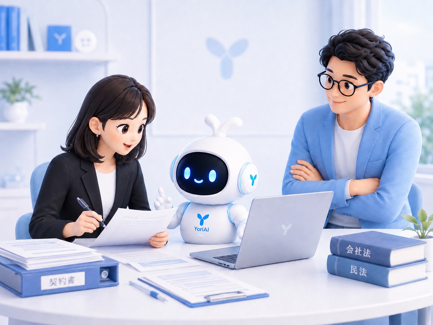女性弁護士とYoriAI君が一緒に仕事をする様子