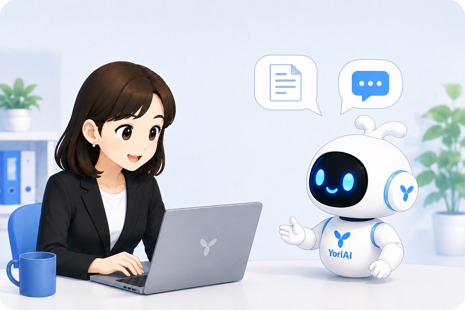 女性弁護士がYoriAI君と一緒にパソコンを使う様子