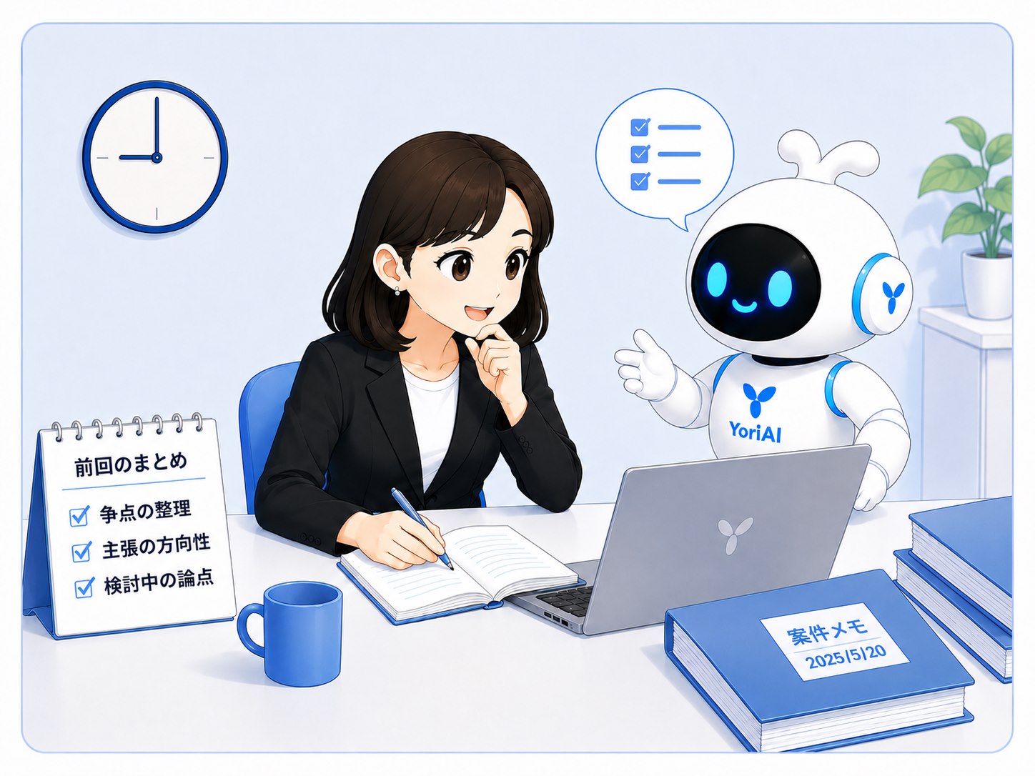 これまでの資料を引き継いで女性弁護士とYoriAI君が仕事を続ける様子