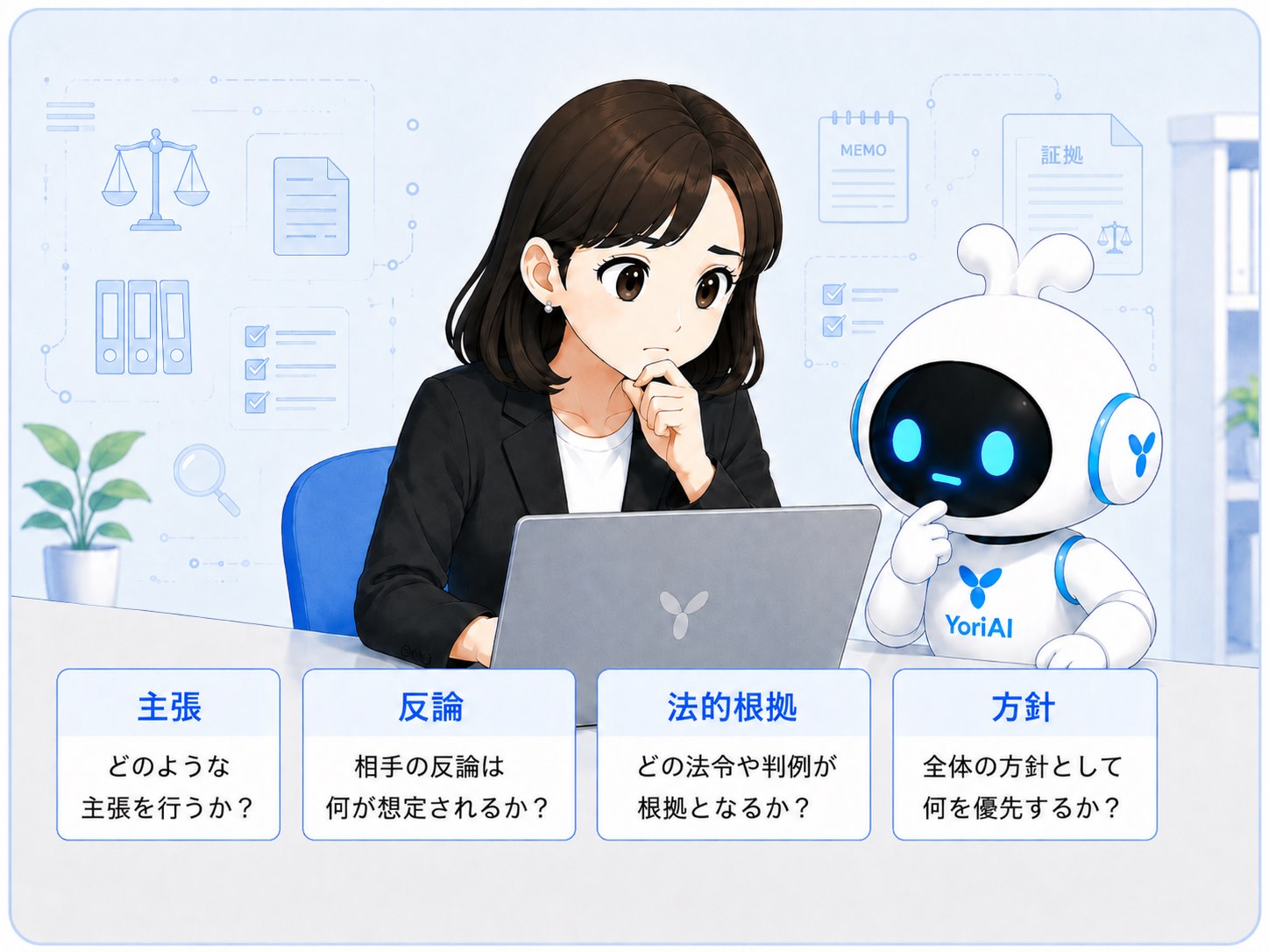 事件の方針、反論、法的根拠を女性弁護士とYoriAI君が検討する様子
