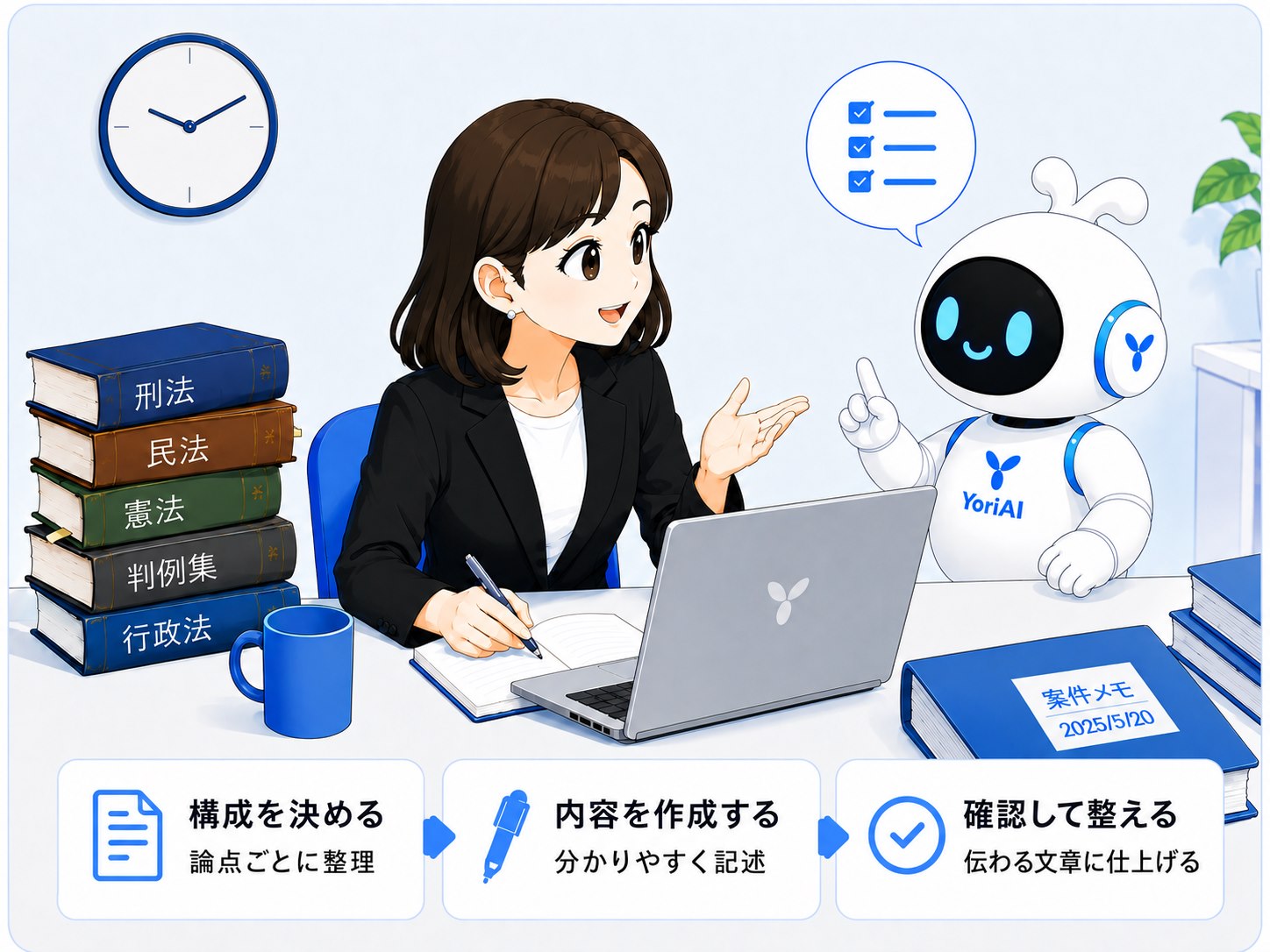 女性弁護士とYoriAI君が準備書面や説明文を一緒に作る様子