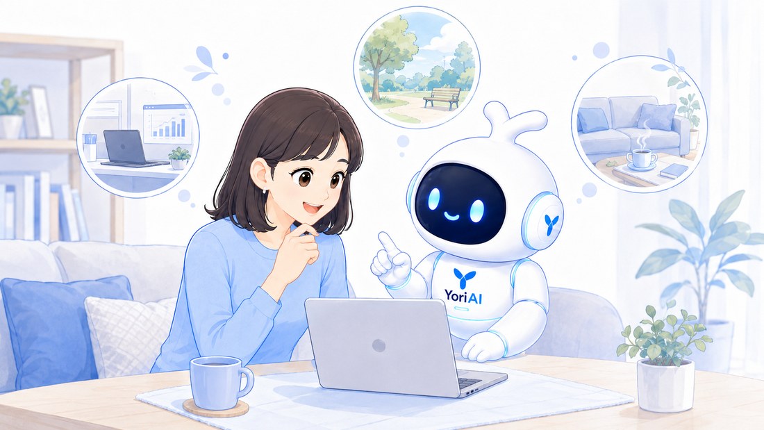 ユーザーとYoriAI君が仕事や日常について楽しく話す場面
